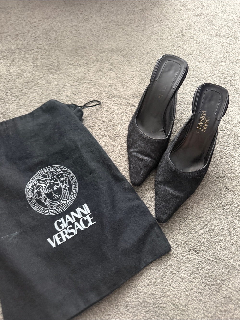 Rare Vintage Versace Black Calf Hair Pointed Slip-On Mules